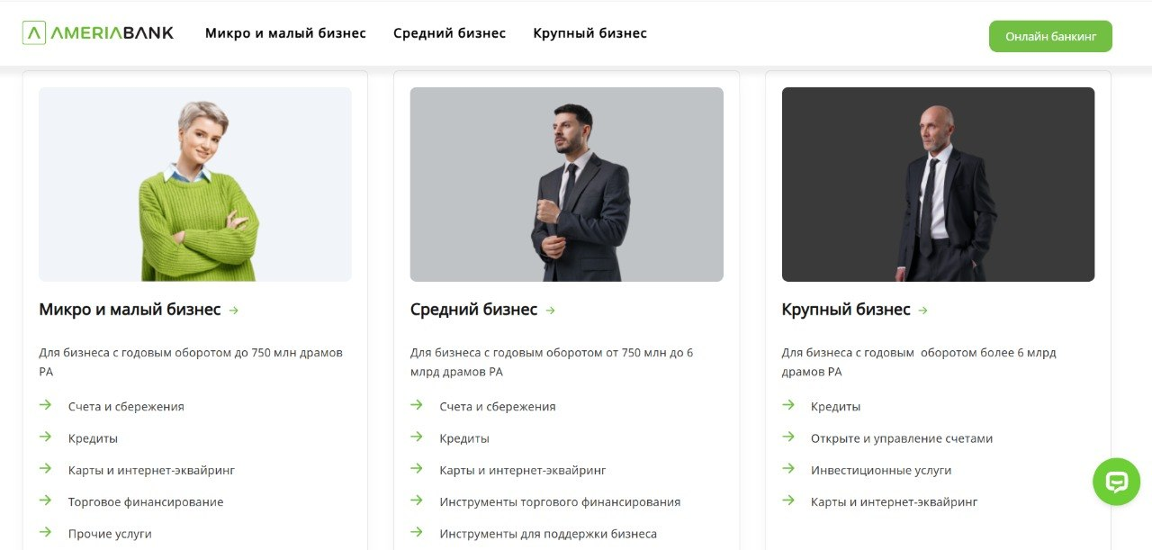 Разделы бизнес-банкинга Ameriabank для микро, среднего и крупного бизнеса